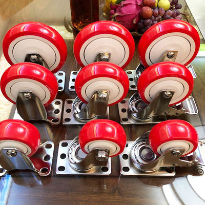 5 Inch Medium Duty Red PU Putar Mengunci Kastor Stainless Steel Dengan Penutup Debu